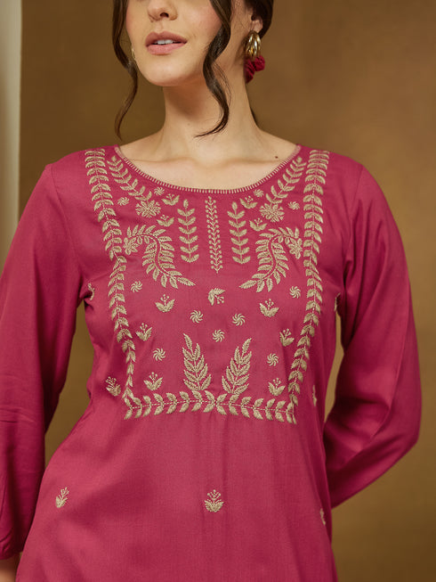 Janasya Women's Magenta Pink Rayon Embroidered Straight Short Kurti
